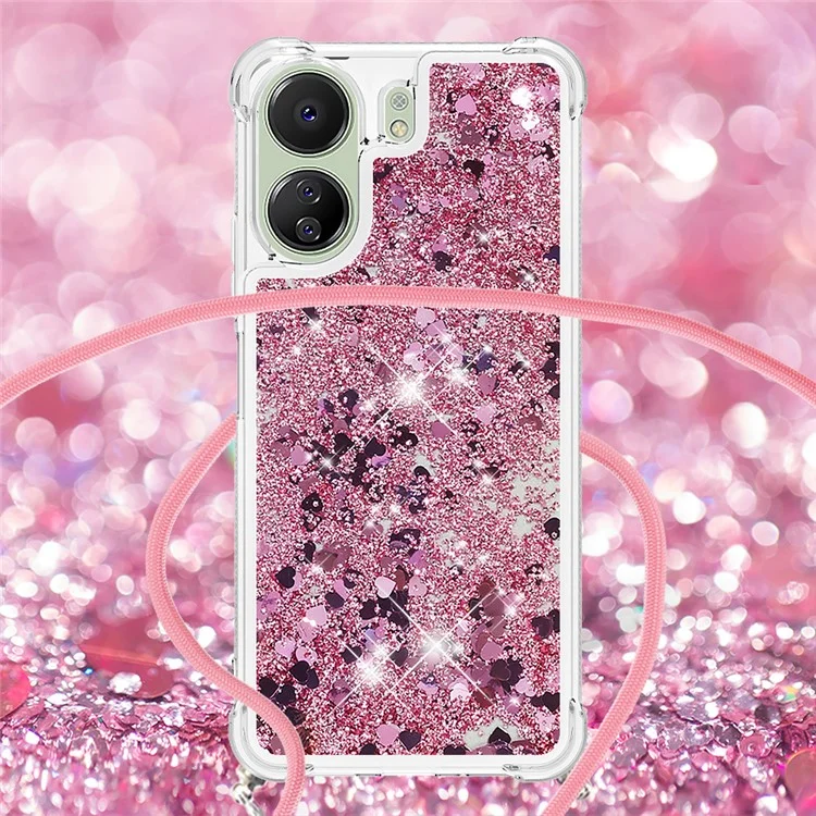 For Xiaomi Redmi 13C 4G / 13C 5G / 13R 5G / Poco M6 5G / Poco C65 4G TPU Case Quicksand Design Phone Cover with Lanyard - Rose Gold / Hearts