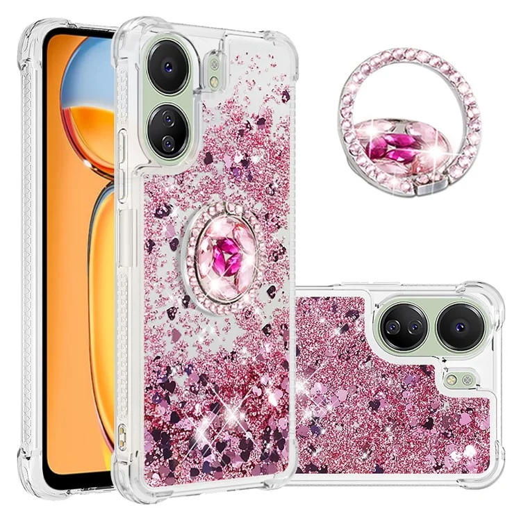 Série YB Quicksand-7 para Xiaomi Redmi 13C 4G / 13C 5G / 13R 5G / Poco M6 5G / Poco C65 4G Capa de telefone TPU com suporte - Rosa Dourado / Corações