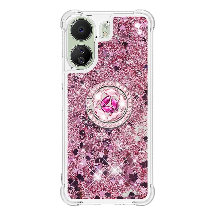 Série YB Quicksand-7 para Xiaomi Redmi 13C 4G / 13C 5G / 13R 5G / Poco M6 5G / Poco C65 4G Capa de telefone TPU com suporte - Rosa Dourado / Corações
