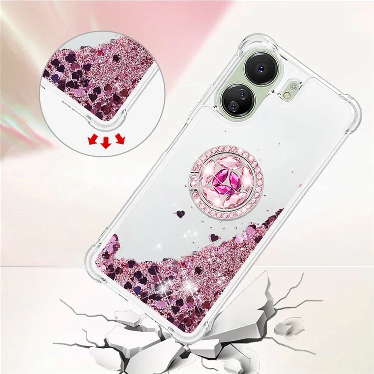 Série YB Quicksand-7 para Xiaomi Redmi 13C 4G / 13C 5G / 13R 5G / Poco M6 5G / Poco C65 4G Capa de telefone TPU com suporte - Rosa Dourado / Corações