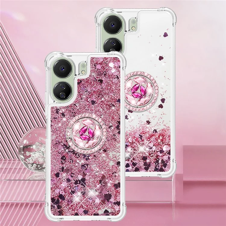 Série YB Quicksand-7 para Xiaomi Redmi 13C 4G / 13C 5G / 13R 5G / Poco M6 5G / Poco C65 4G Capa de telefone TPU com suporte - Rosa Dourado / Corações