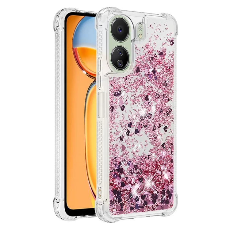 YB Quicksand Series-1 per Xiaomi Redmi 13C 4G / 13C 5G / 13R 5G / Poco M6 5G / Poco C65 4G TPU Case Custodia Telefonica Galleggiante Lucida - Rose Gold / Hearts