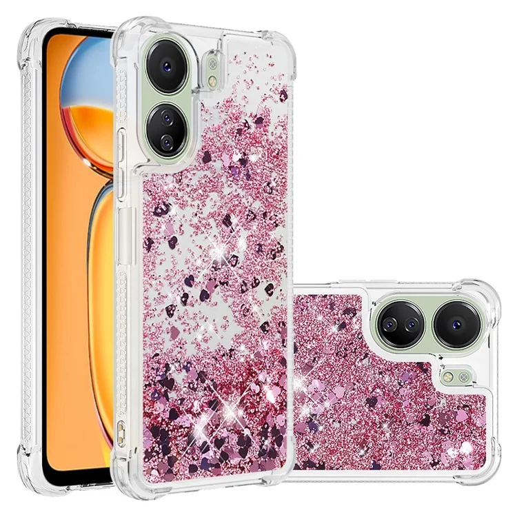 YB Quicksand Series-1 per Xiaomi Redmi 13C 4G / 13C 5G / 13R 5G / Poco M6 5G / Poco C65 4G TPU Case Custodia Telefonica Galleggiante Lucida - Rose Gold / Hearts