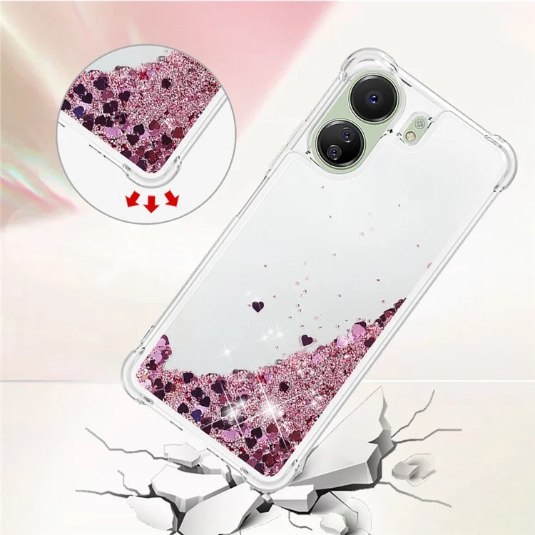 YB Quicksand Series-1 per Xiaomi Redmi 13C 4G / 13C 5G / 13R 5G / Poco M6 5G / Poco C65 4G TPU Case Custodia Telefonica Galleggiante Lucida - Rose Gold / Hearts