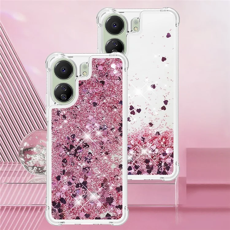 YB Quicksand Series-1 per Xiaomi Redmi 13C 4G / 13C 5G / 13R 5G / Poco M6 5G / Poco C65 4G TPU Case Custodia Telefonica Galleggiante Lucida - Rose Gold / Hearts