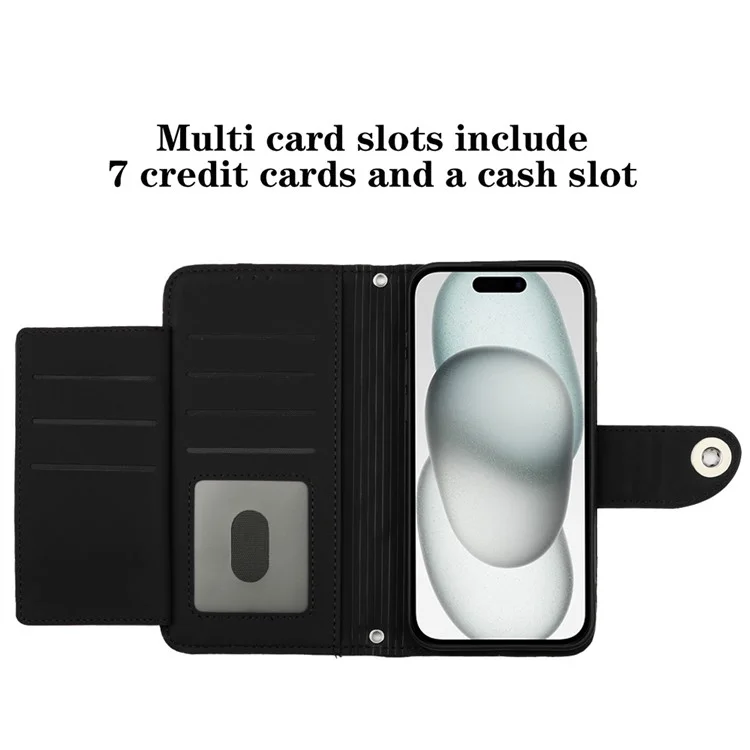 For iPhone 15 Leather Case Phone Stand Cover with 7 Card Slots and Hand Strap - Black