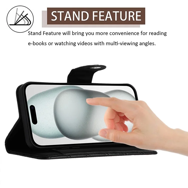 For iPhone 15 Leather Case Phone Stand Cover with 7 Card Slots and Hand Strap - Black