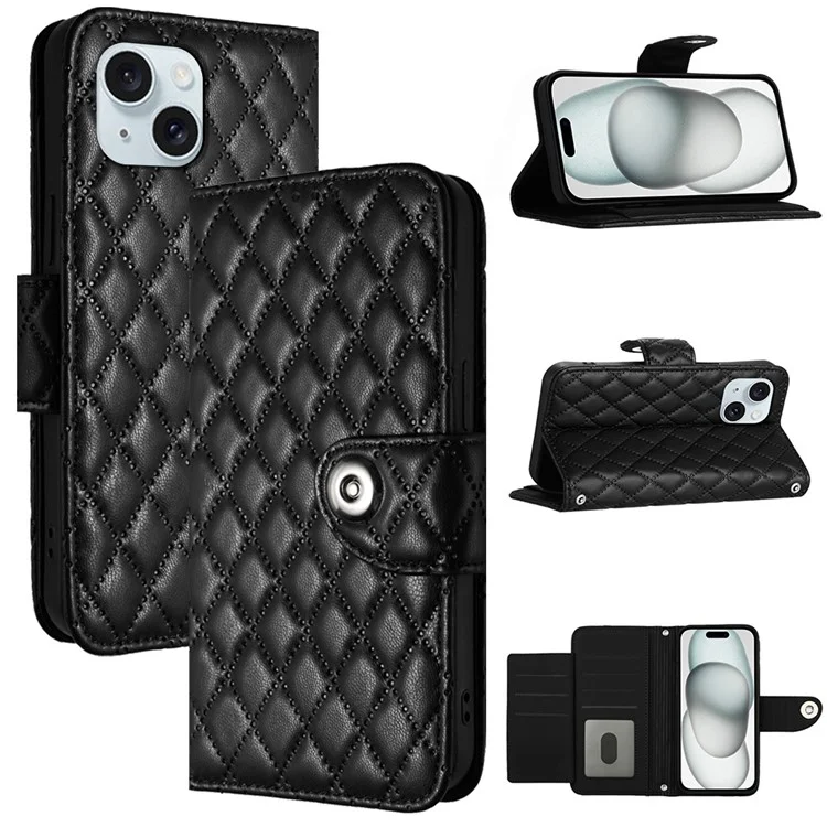 For iPhone 15 Leather Case Phone Stand Cover with 7 Card Slots and Hand Strap - Black
