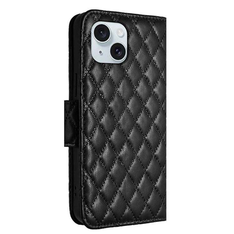 For iPhone 15 Leather Case Phone Stand Cover with 7 Card Slots and Hand Strap - Black