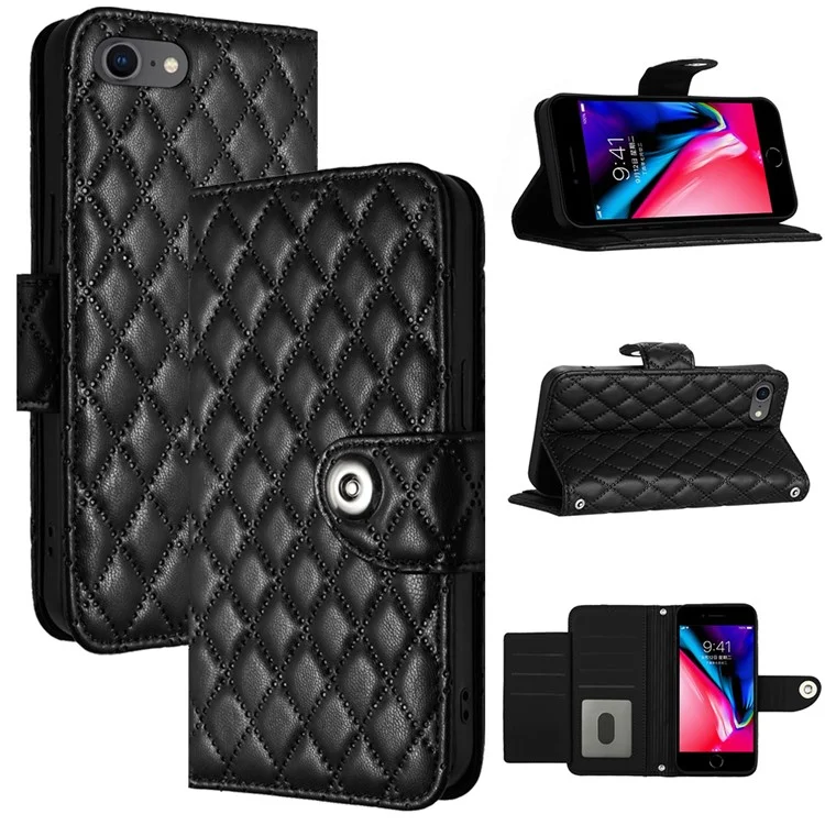 Серия YB Imprinting-8 для iPhone 7 / 8 / SE (2020) / SE (2022) Кожаный чехол-бумажник Чехол для телефона со стендом - Черный