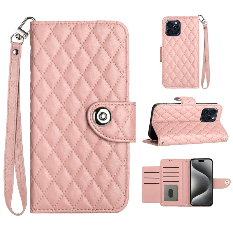 For iPhone 14 Pro Leather Case Phone Stand Cover with 7 Card Slots and Hand Strap - Coral