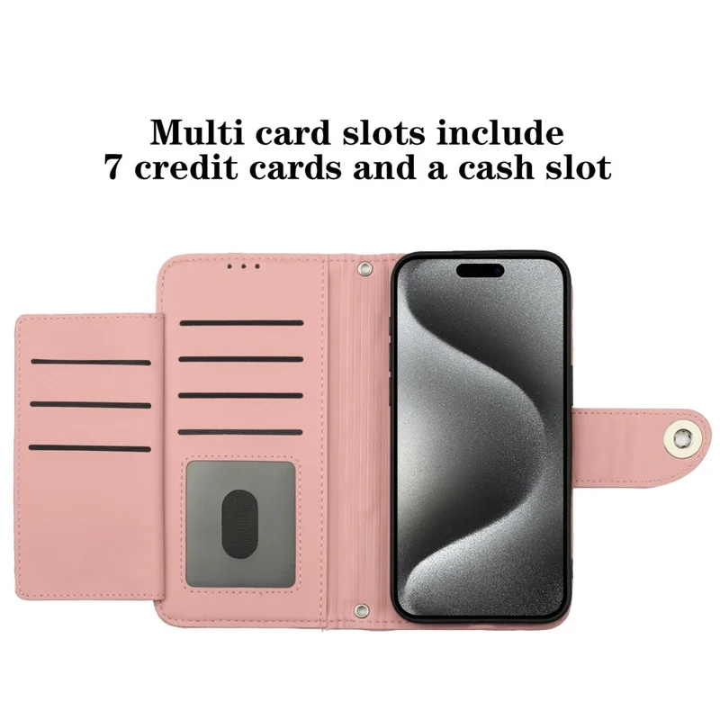 For iPhone 14 Pro Leather Case Phone Stand Cover with 7 Card Slots and Hand Strap - Coral