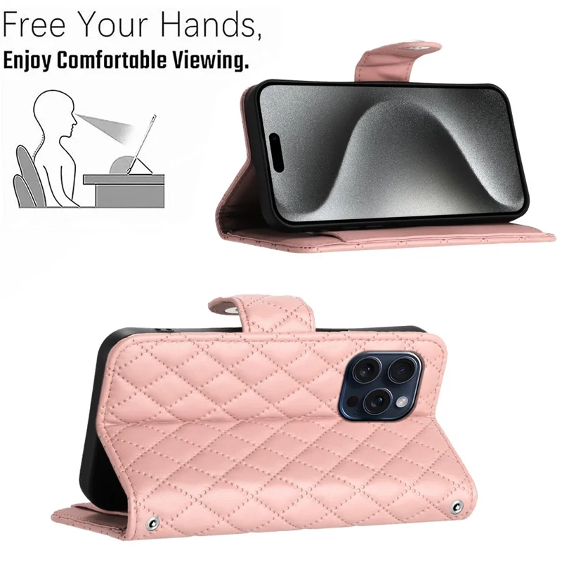 For iPhone 14 Pro Leather Case Phone Stand Cover with 7 Card Slots and Hand Strap - Coral