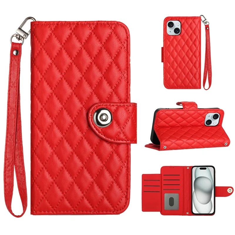 For iPhone 15 Plus Leather Case Phone Stand Cover with 7 Card Slots and Hand Strap - Red