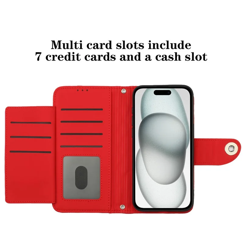 For iPhone 15 Plus Leather Case Phone Stand Cover with 7 Card Slots and Hand Strap - Red