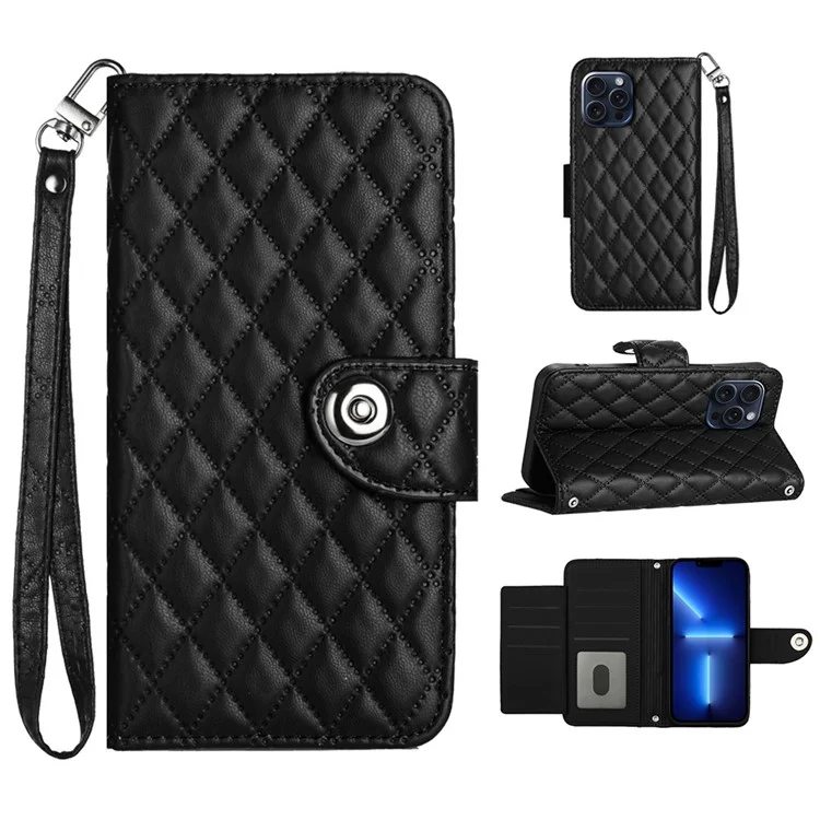 For iPhone 13 Pro Max Leather Case Phone Stand Cover with 7 Card Slots and Hand Strap - Black