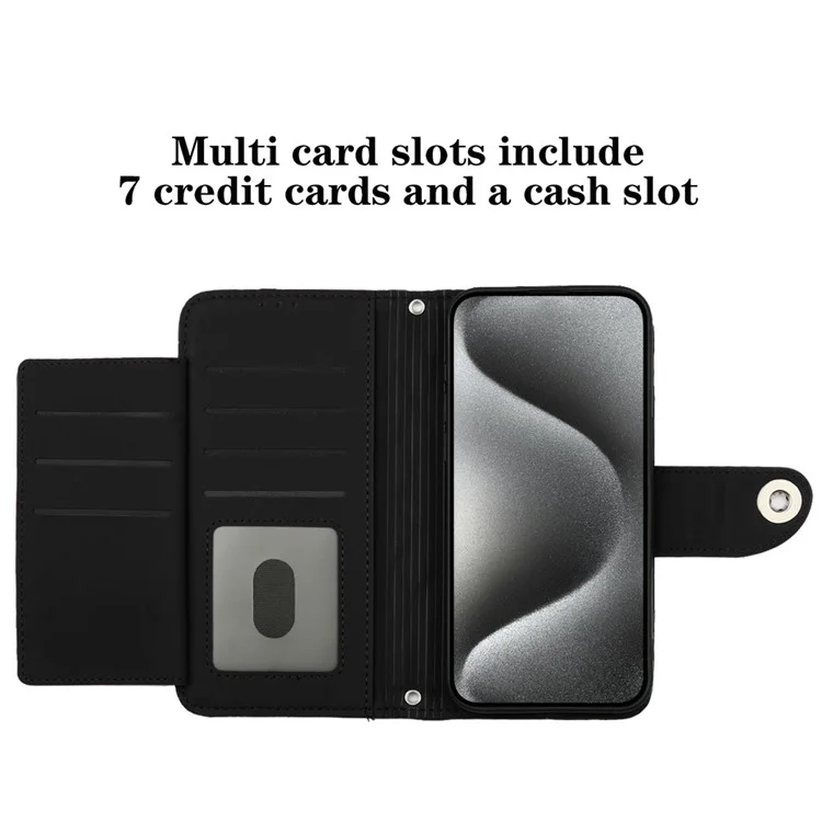 For iPhone 13 Pro Max Leather Case Phone Stand Cover with 7 Card Slots and Hand Strap - Black