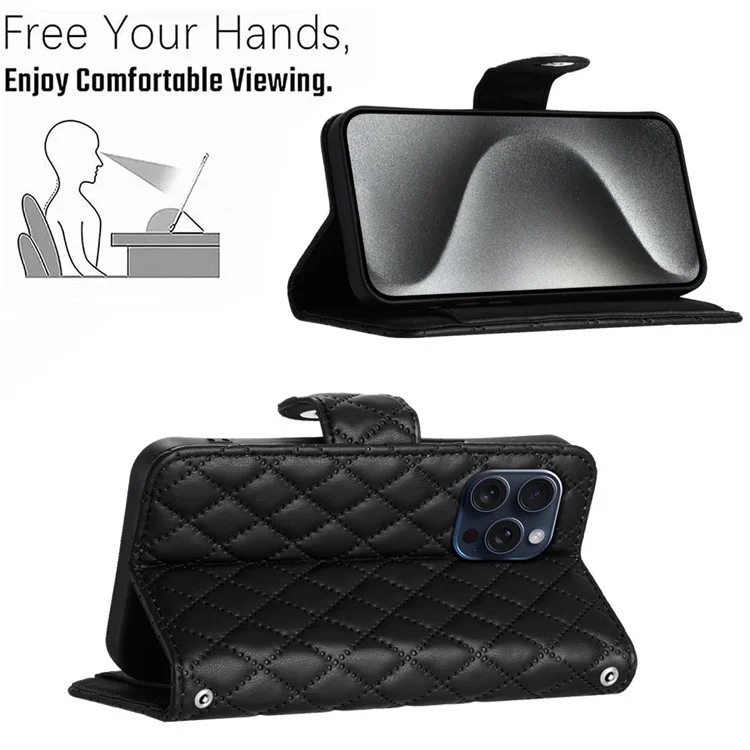 For iPhone 13 Pro Max Leather Case Phone Stand Cover with 7 Card Slots and Hand Strap - Black