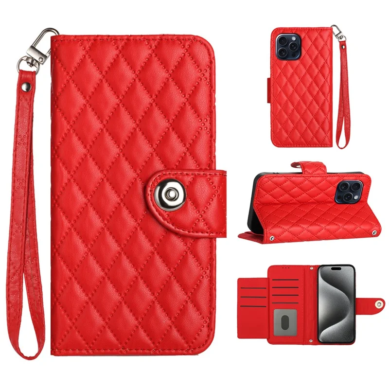 For iPhone 14 Pro Max Leather Case Phone Stand Cover with 7 Card Slots and Hand Strap - Red