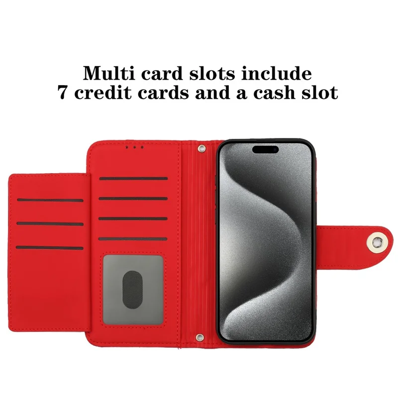 For iPhone 14 Pro Max Leather Case Phone Stand Cover with 7 Card Slots and Hand Strap - Red