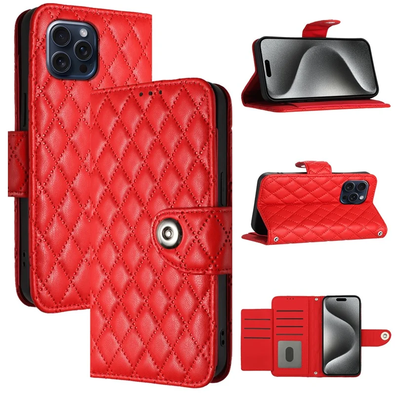 For iPhone 14 Pro Max Leather Case Phone Stand Cover with 7 Card Slots and Hand Strap - Red