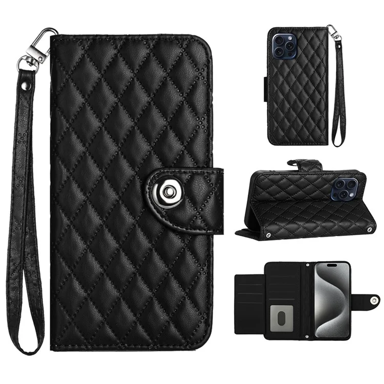 YB Imprinting Series-8 für iPhone 15 Pro Lederhülle mit Gurt Brieftasche Handyhülle - Schwarz