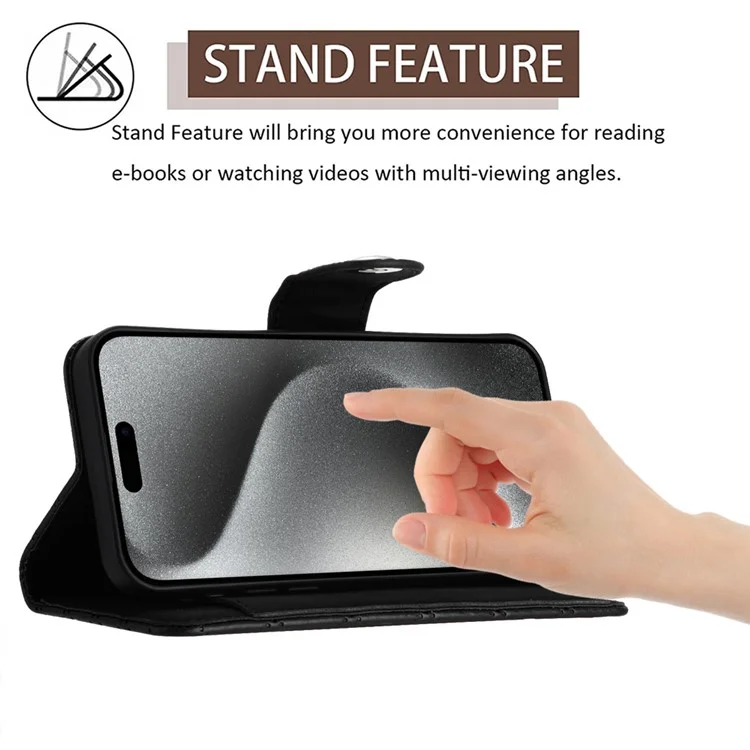 YB Imprinting Series-8 für iPhone 15 Pro Lederhülle mit Gurt Brieftasche Handyhülle - Schwarz