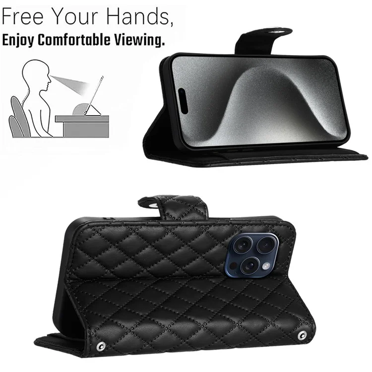 YB Imprinting Series-8 für iPhone 15 Pro Lederhülle mit Gurt Brieftasche Handyhülle - Schwarz