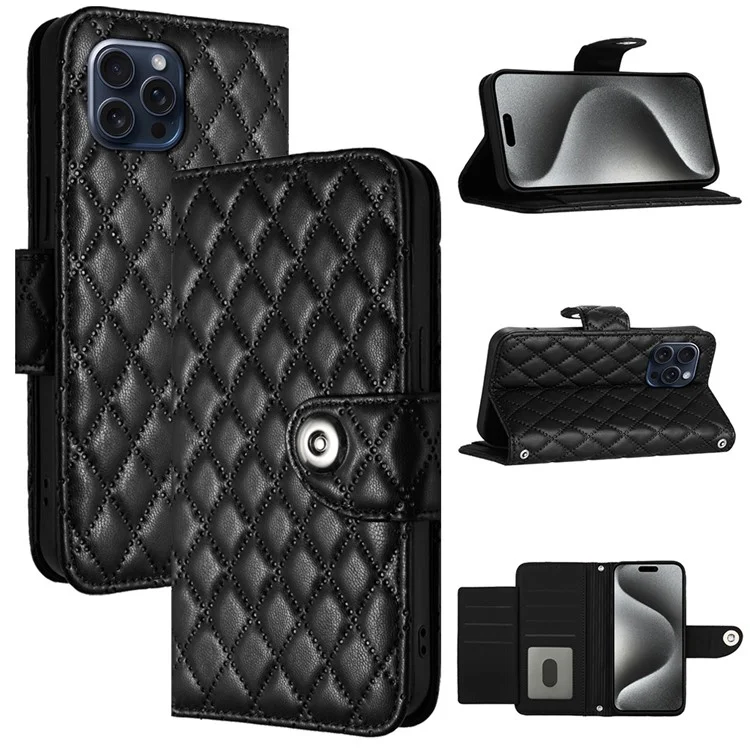 YB Imprinting Series-8 für iPhone 15 Pro Lederhülle mit Gurt Brieftasche Handyhülle - Schwarz