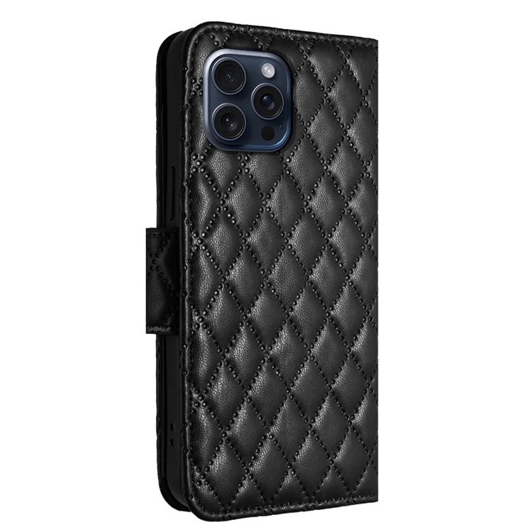 YB Imprinting Series-8 für iPhone 15 Pro Lederhülle mit Gurt Brieftasche Handyhülle - Schwarz