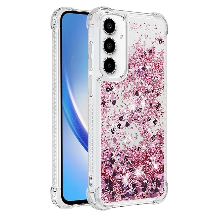 For Samsung Galaxy A35 5G TPU Case Glitter Quicksand Shockproof Phone Back Cover - Rose Gold / Hearts