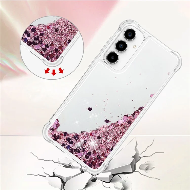 For Samsung Galaxy A35 5G TPU Case Glitter Quicksand Shockproof Phone Back Cover - Rose Gold / Hearts