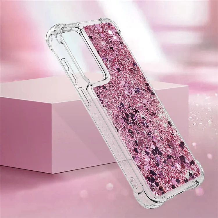 For Samsung Galaxy A35 5G TPU Case Glitter Quicksand Shockproof Phone Back Cover - Rose Gold / Hearts