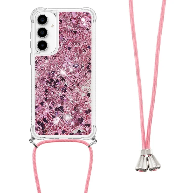 For Samsung Galaxy A35 5G TPU Case Quicksand Design Phone Cover with Lanyard - Rose Gold / Hearts
