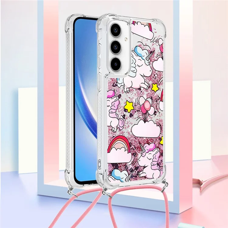 Série YB Quicksand-5 para Samsung Galaxy A35 5G Case Padrão de Impressão Capa TPU com Cordão - Cavalo Fofo e Nuvens