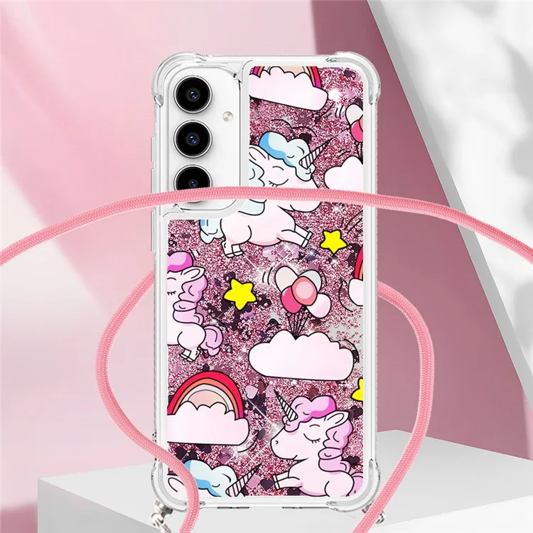Série YB Quicksand-5 para Samsung Galaxy A35 5G Case Padrão de Impressão Capa TPU com Cordão - Cavalo Fofo e Nuvens