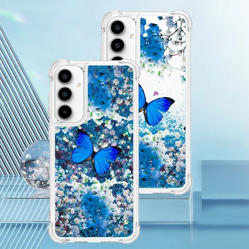 For Samsung Galaxy A55 5G TPU Case with Quicksand and Pattern Printed - Blue Butterfly