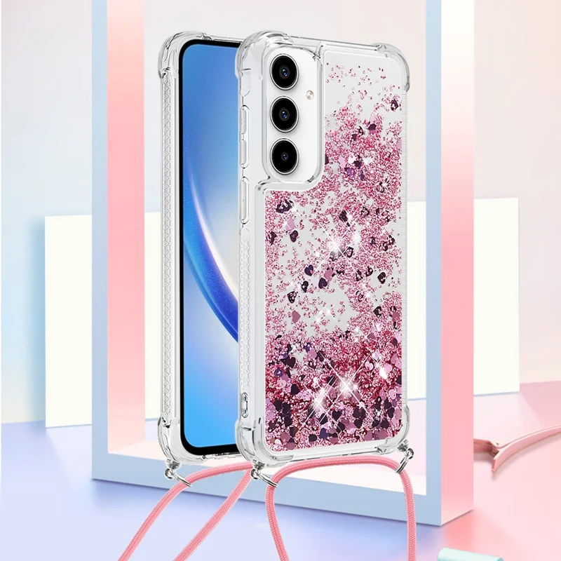 YB Quicksand Series-4 für Samsung Galaxy A55 5G Crossbody Handyhülle Bling Glitzer TPU Cover - Rose Gold / Herzen