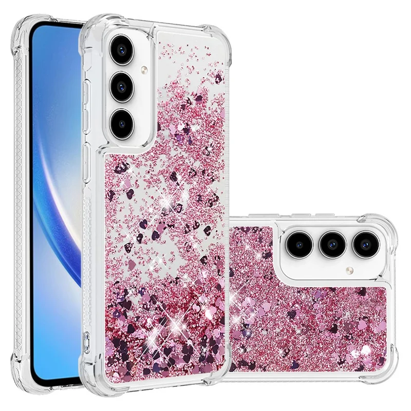 For Samsung Galaxy A55 5G TPU Case Glitter Quicksand Shockproof Phone Back Cover - Rose Gold / Hearts