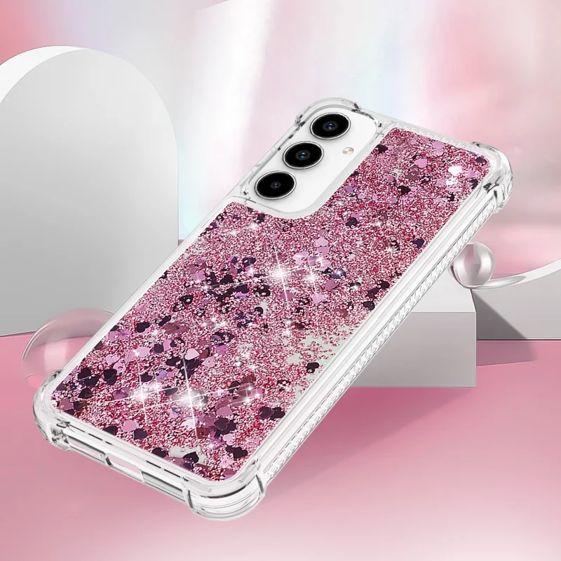For Samsung Galaxy A55 5G TPU Case Glitter Quicksand Shockproof Phone Back Cover - Rose Gold / Hearts