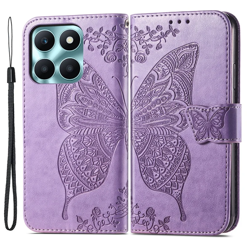 For Honor X6a 4G Case Wallet Leather Phone Cover Butterfly Pattern - Light Purple