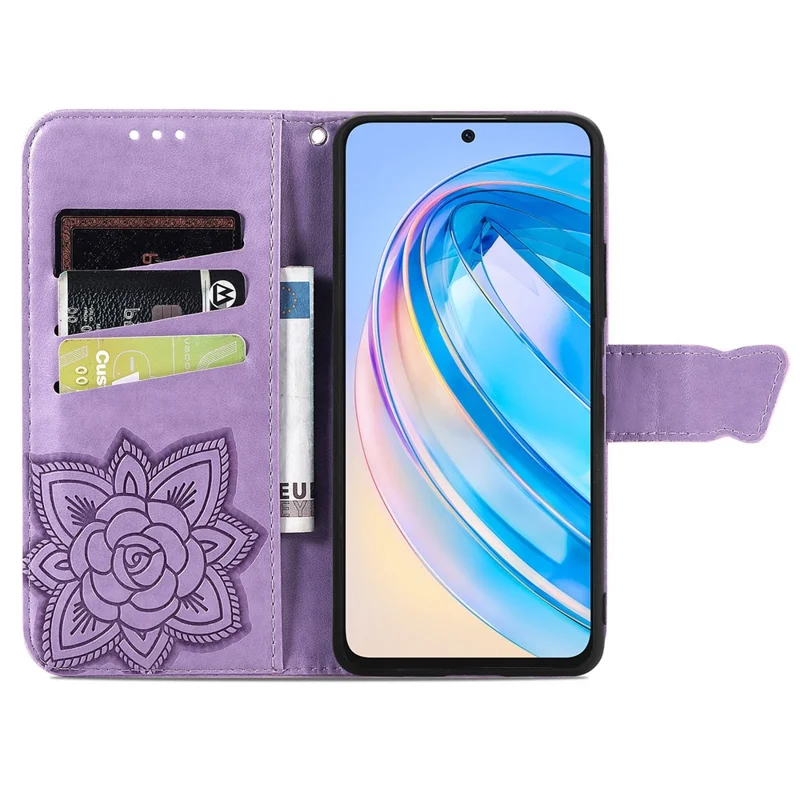 For Honor X6a 4G Case Wallet Leather Phone Cover Butterfly Pattern - Light Purple