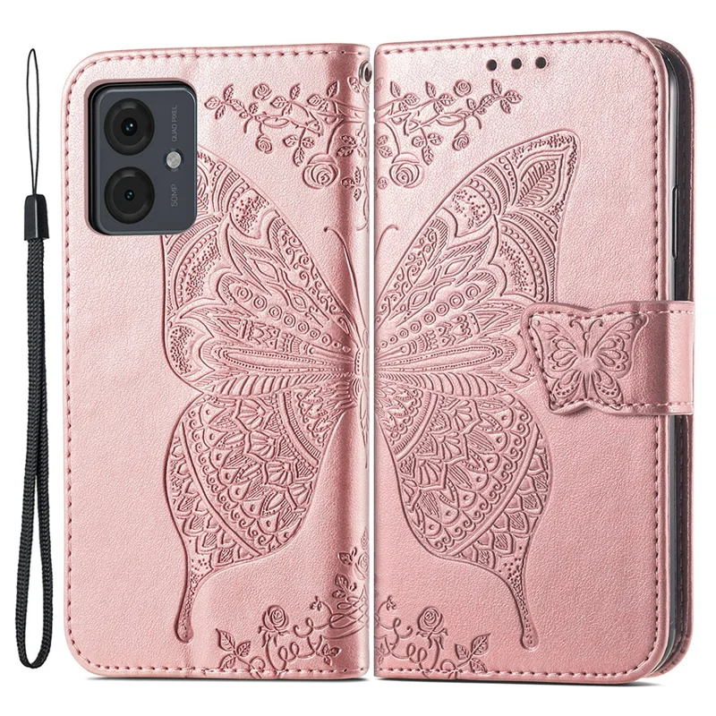For Motorola Moto G14 4G Case PU Leather Wallet Phone Cover Imprinted Butterfly - Rose Gold