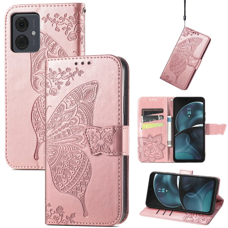 For Motorola Moto G14 4G Case PU Leather Wallet Phone Cover Imprinted Butterfly - Rose Gold