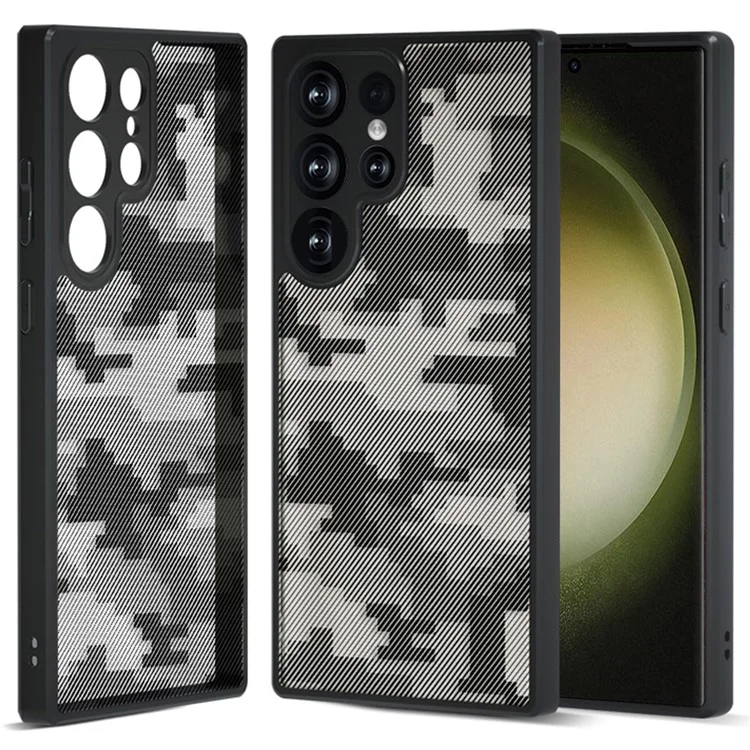 IBMRS Para Funda Samsung Galaxy S23 Ultra Carcasa PC+TPU Funda de Teléfono Protección de Lente - Camuflaje de Cuadrícula