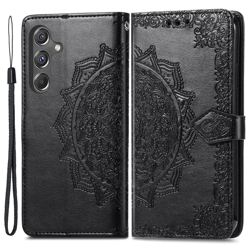 For Samsung Galaxy A15 4G /  A15 5G Case Leather Embossed Mandala Pattern Phone Cover - Black