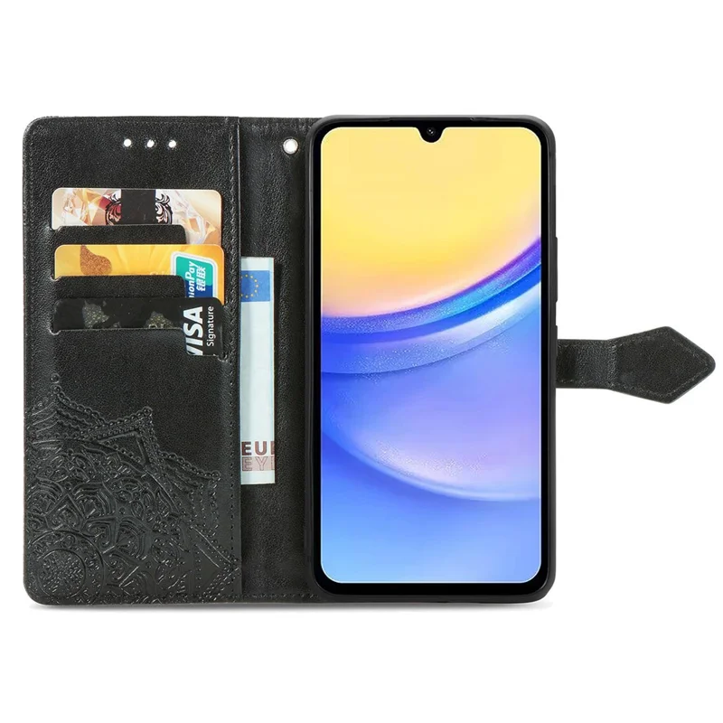 For Samsung Galaxy A15 4G /  A15 5G Case Leather Embossed Mandala Pattern Phone Cover - Black