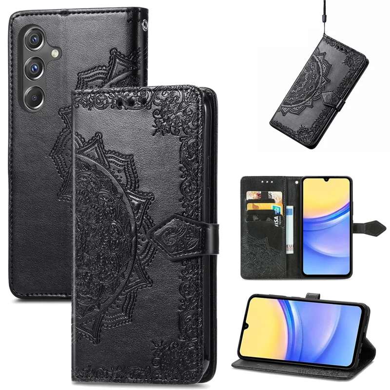 For Samsung Galaxy A15 4G /  A15 5G Case Leather Embossed Mandala Pattern Phone Cover - Black