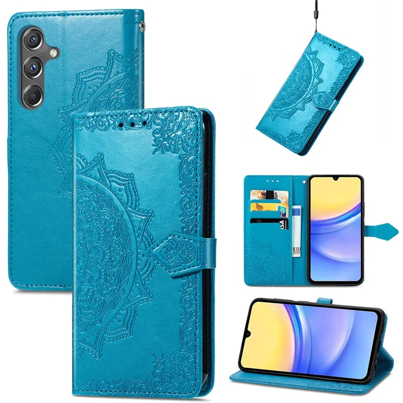 For Samsung Galaxy A15 4G /  A15 5G Case Leather Embossed Mandala Pattern Phone Cover - Blue