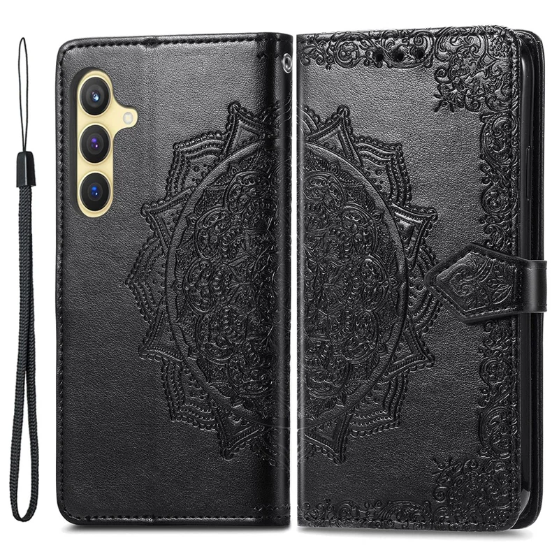 Pour étui en cuir Samsung Galaxy S24+ Mandala Flower Phone Cover avec portefeuille - Noir